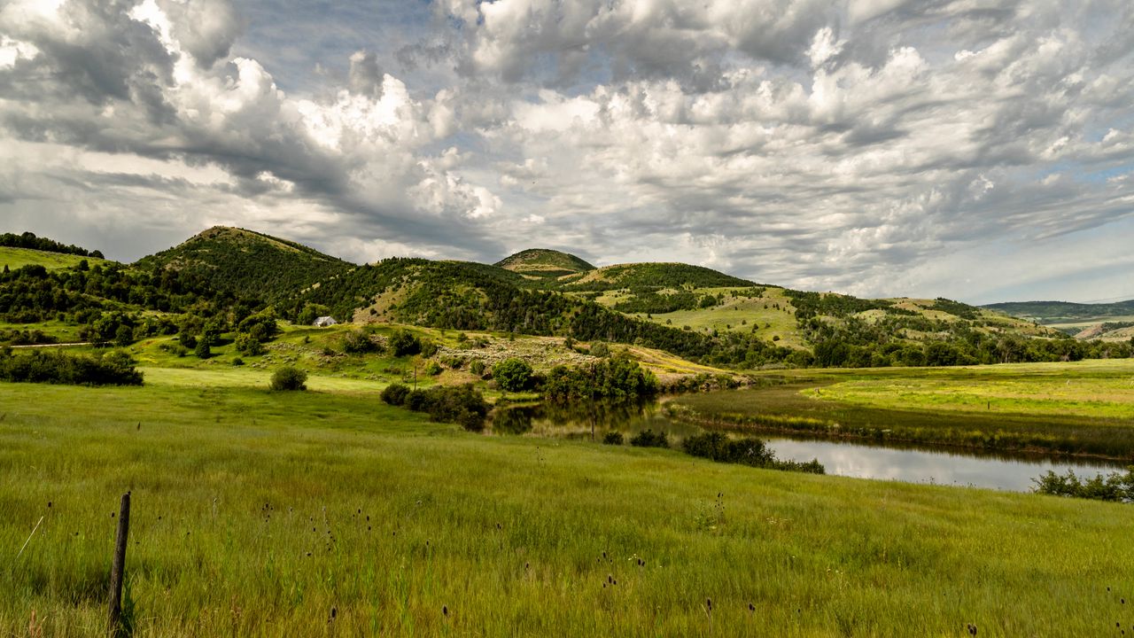 Wallpaper river, hills, grass, field, clouds
