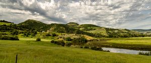 Preview wallpaper river, hills, grass, field, clouds
