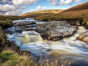 Preview wallpaper river, hills, rocks, water, stream, nature