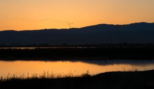 Preview wallpaper river, hills, silhouettes, evening