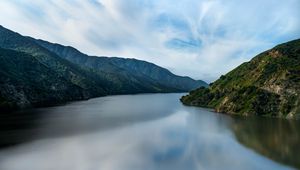 Preview wallpaper river, hills, slopes, clouds, nature