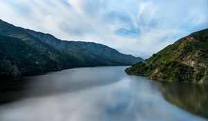 Preview wallpaper river, hills, slopes, clouds, nature