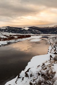 Preview wallpaper river, hills, snow, snowy