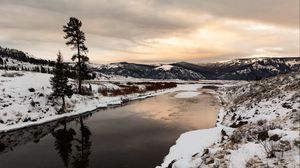 Preview wallpaper river, hills, snow, snowy