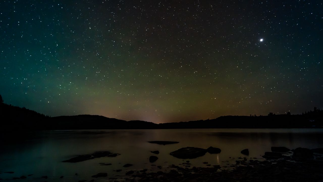 Wallpaper river, hills, starry sky, night, nature