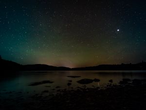 Preview wallpaper river, hills, starry sky, night, nature