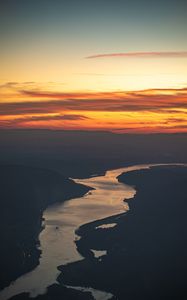 Preview wallpaper river, hills, sunset, dark, evening