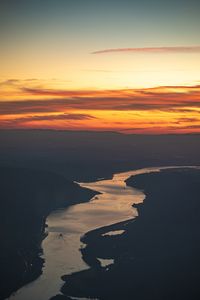 Preview wallpaper river, hills, sunset, dark, evening