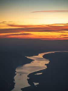 Preview wallpaper river, hills, sunset, dark, evening