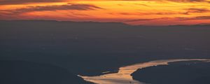 Preview wallpaper river, hills, sunset, dark, evening