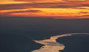 Preview wallpaper river, hills, sunset, dark, evening