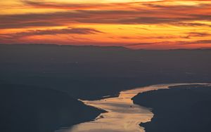 Preview wallpaper river, hills, sunset, dark, evening