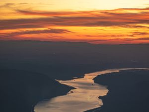 Preview wallpaper river, hills, sunset, dark, evening