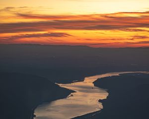 Preview wallpaper river, hills, sunset, dark, evening