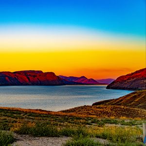 Preview wallpaper river, hills, sunset, landscape