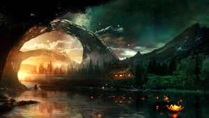 Preview wallpaper river, house, art, night, starry sky, fantastic