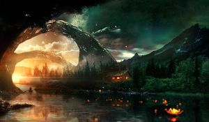 Preview wallpaper river, house, art, night, starry sky, fantastic
