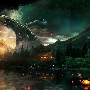 Preview wallpaper river, house, art, night, starry sky, fantastic