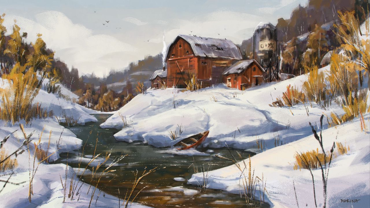 Wallpaper river, house, boat, winter, art