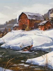 Preview wallpaper river, house, boat, winter, art