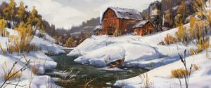 Preview wallpaper river, house, boat, winter, art
