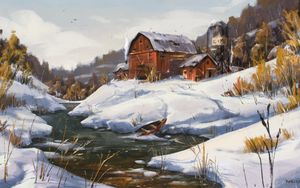 Preview wallpaper river, house, boat, winter, art