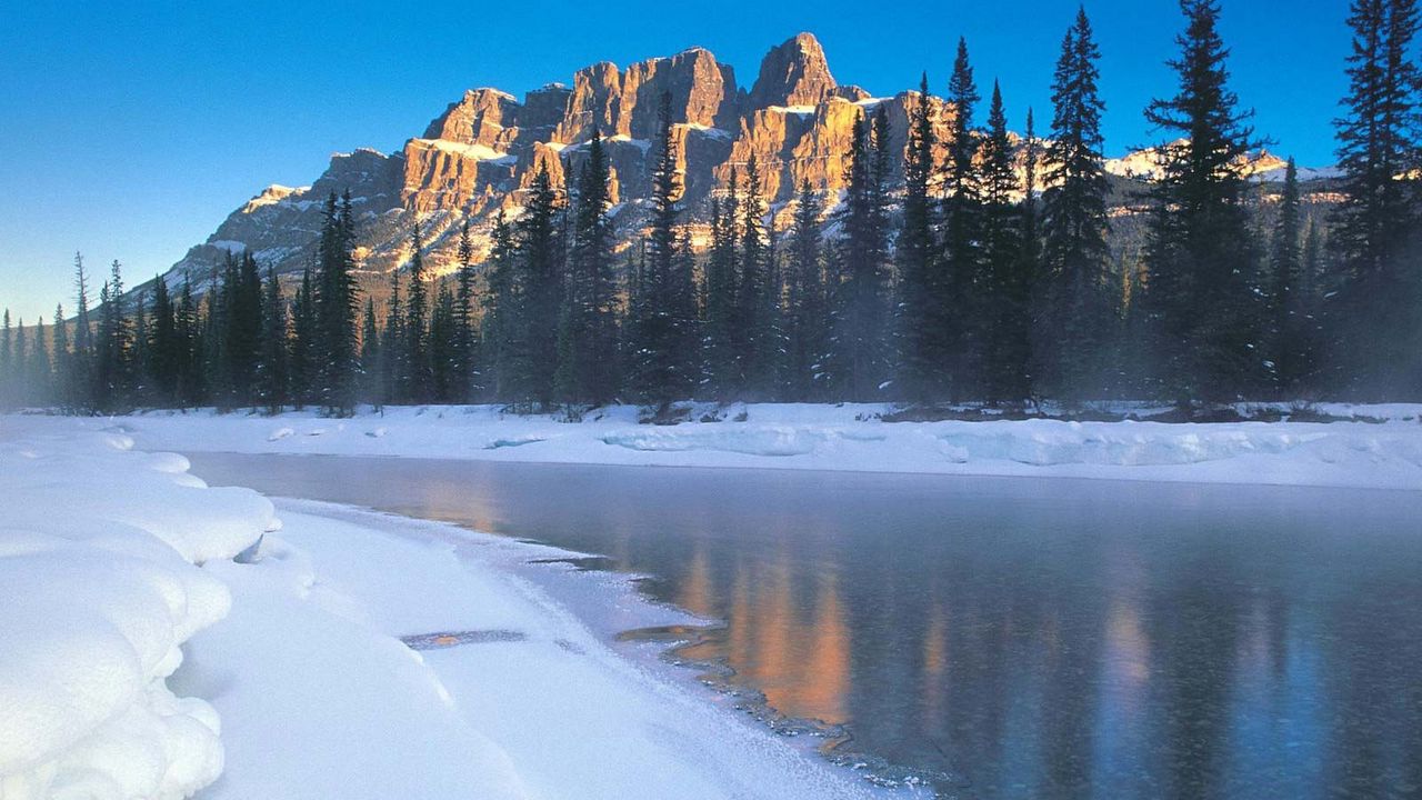 Wallpaper river, ice, coast, mountains, morning