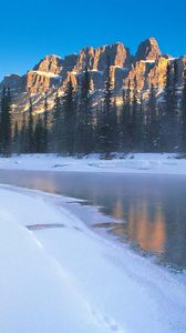 Preview wallpaper river, ice, coast, mountains, morning