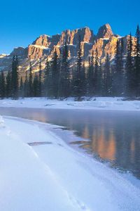 Preview wallpaper river, ice, coast, mountains, morning