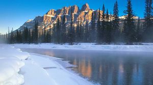 Preview wallpaper river, ice, coast, mountains, morning