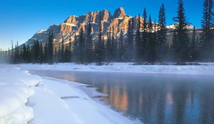 Preview wallpaper river, ice, coast, mountains, morning