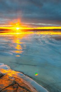 Preview wallpaper river, ice, decline, evening, stone, horizon