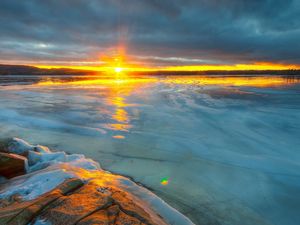 Preview wallpaper river, ice, decline, evening, stone, horizon