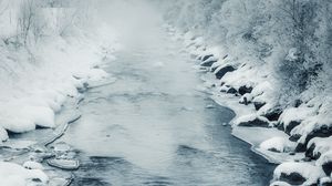 Preview wallpaper river, ice, fog, water, snow