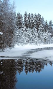 Preview wallpaper river, ice, snow, trees, winter, nature