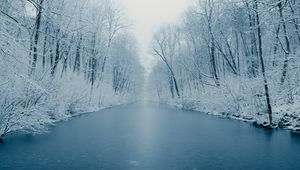 Preview wallpaper river, ice, trees, snow, winter, nature