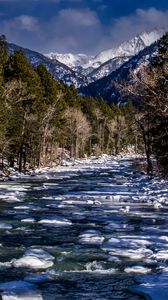 Preview wallpaper river, ice, trees, mountains, snow, landscape