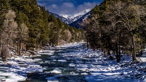 Preview wallpaper river, ice, trees, mountains, snow, landscape