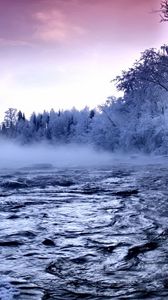 Preview wallpaper river, ice, trees, fog, current, hoarfrost, water, winter