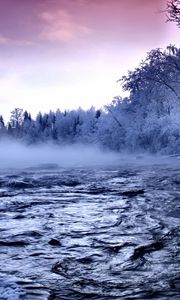 Preview wallpaper river, ice, trees, fog, current, hoarfrost, water, winter