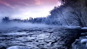 Preview wallpaper river, ice, trees, fog, current, hoarfrost, water, winter