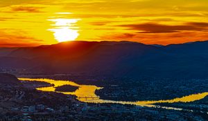 Preview wallpaper river, island, mountains, sunset