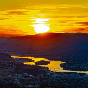 Preview wallpaper river, island, mountains, sunset