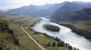 Preview wallpaper river, island, trees, road, height, mountains, open spaces, look