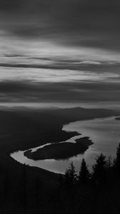 Preview wallpaper river, island, trees, dusk, dark, black and white