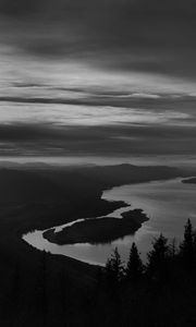 Preview wallpaper river, island, trees, dusk, dark, black and white