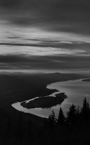 Preview wallpaper river, island, trees, dusk, dark, black and white