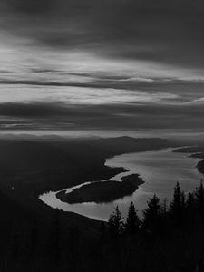 Preview wallpaper river, island, trees, dusk, dark, black and white