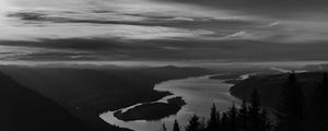 Preview wallpaper river, island, trees, dusk, dark, black and white