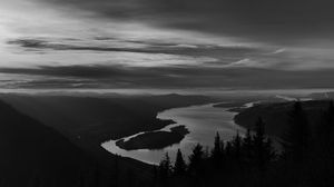 Preview wallpaper river, island, trees, dusk, dark, black and white